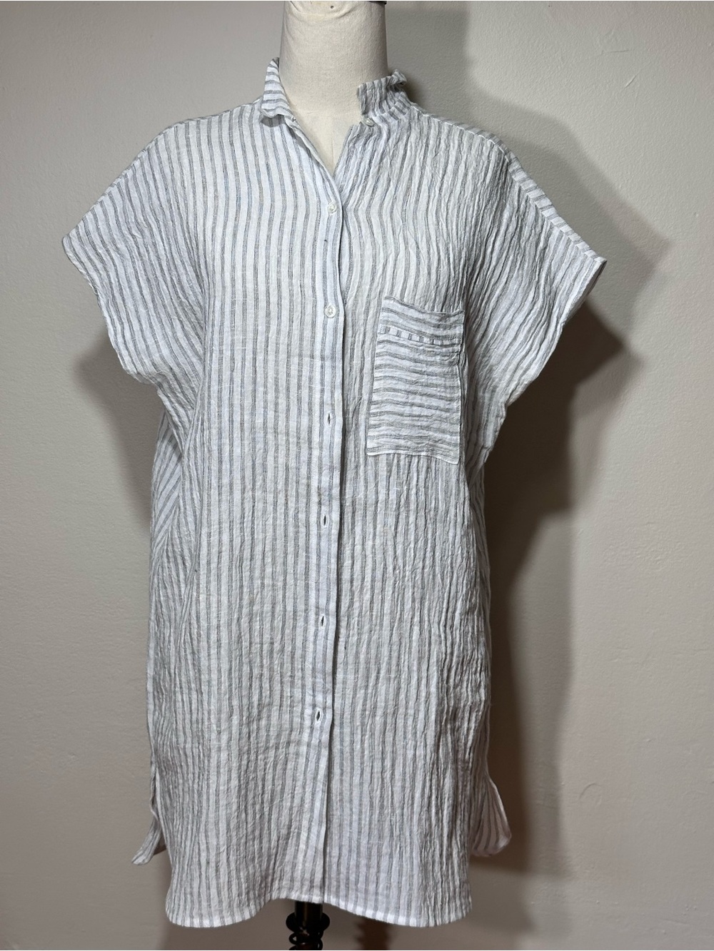 Hackwith Design House Striped Linen Midi Shirt Dress in Light Gray and White